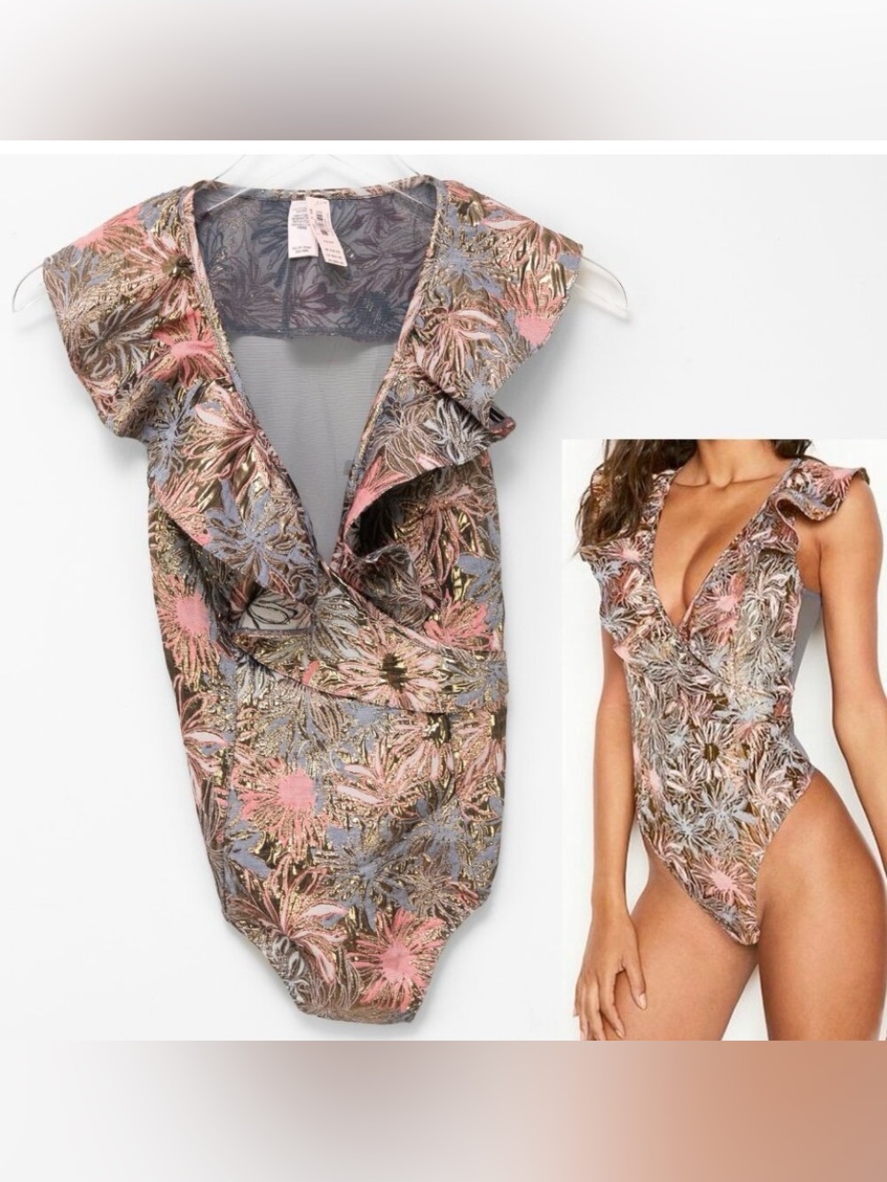 Victoria's Secret Dream Angel Floral Ruffle V-Neck Bodysuit - Pink, Blue & Gold